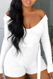 White Fashion Casual Solid With Belt Off the Shoulder Skinny Romper