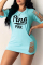 Blue Fashion Casual Letter Print Ripped O Neck Short Sleeve Dress