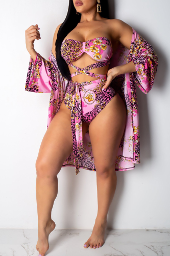 Rose Red Sexy Print Hollowed Out Patchwork Swimwears