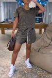 Light Gray Fashion Casual Striped Print Basic O Neck Short Sleeve Two Pieces