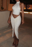 White Sexy Solid Backless Fold Asymmetrical With Bow O Neck Sleeveless Two Pieces