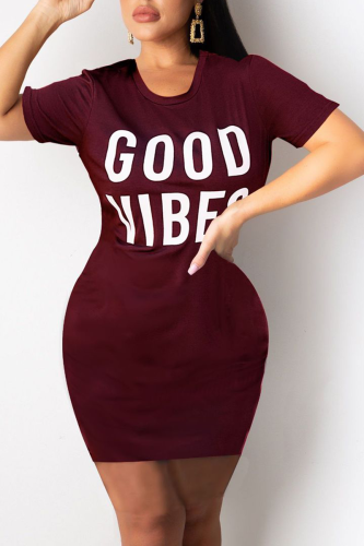 Burgundy Casual Print Patchwork O Neck Pencil Skirt Dresses
