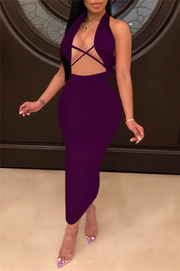 Purple Fashion Sexy Solid Hollowed Out Backless Halter Sleeveless Dress