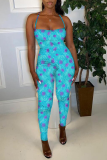 Colorful Blue Sexy Print Patchwork Spaghetti Strap Skinny Jumpsuits