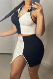 Black Fashion Sexy Patchwork Backless Slit Zipper Collar Sleeveless Two Pieces