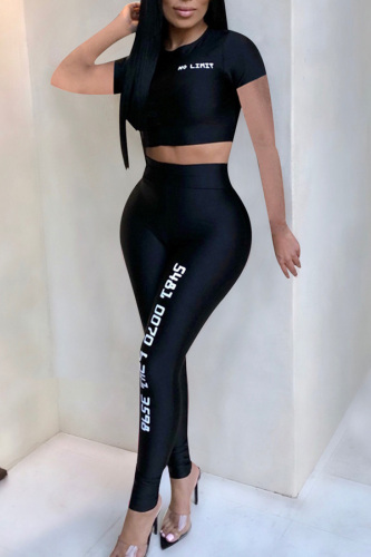 Black Fashion Tight Short Sleeve Two Pieces Set