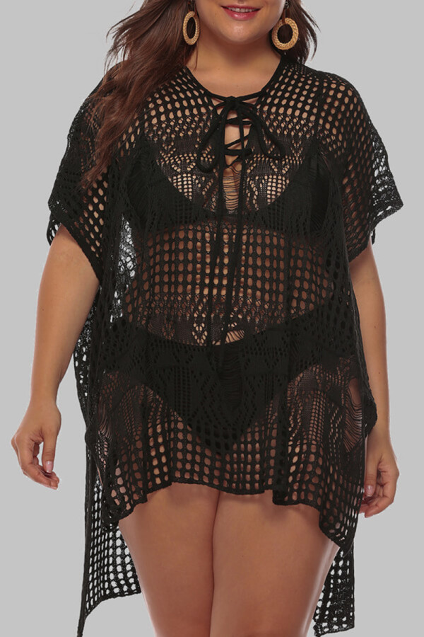 Black Sexy Solid Hollowed Out See-through Strap Design V Neck Plus Size Beach Dress