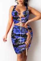 Peacock Blue Fashion Sexy Print Hollowed Out Strap Design U Neck Sleeveless Two Pieces