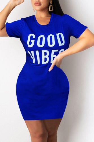 Deep Blue Casual Print Patchwork O Neck Pencil Skirt Dresses