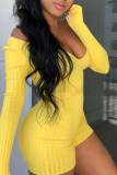 Yellow Fashion Casual Solid With Belt Off the Shoulder Skinny Romper