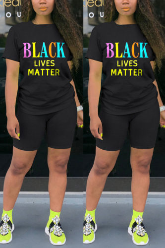 Black Fashion Casual Letter Print Basic O Neck Short Sleeve Two Pieces