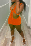 Orange Fashion Sexy Solid Strap Design V Neck Short Sleeve Two Pieces
