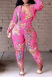 Pink Sexy Print Patchwork Spaghetti Strap Long Sleeve Two Pieces