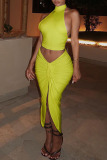 Green Sexy Solid Backless Fold Asymmetrical With Bow O Neck Sleeveless Two Pieces