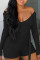 Black Fashion Casual Solid With Belt Off the Shoulder Skinny Romper