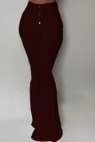 Wine Red Sexy Solid Color High Waist Bag Hip Bell Pants