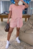 Pink Fashion Casual Striped Print Basic O Neck Short Sleeve Two Pieces