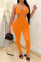 Orange Fashion Sexy Solid Backless Strap Design Halter Skinny Jumpsuits