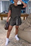 Dark Gray Fashion Casual Striped Print Basic O Neck Short Sleeve Two Pieces