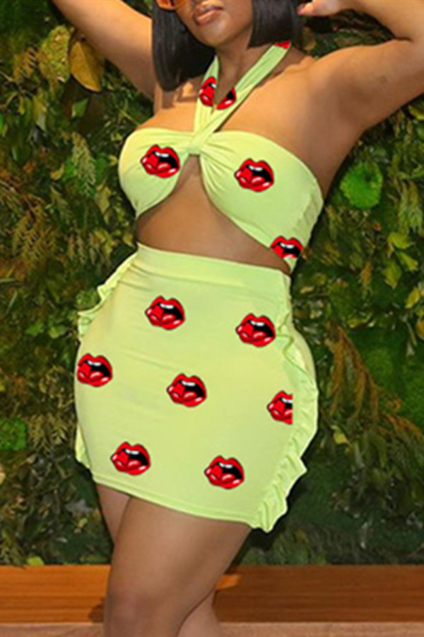 Green Sexy Fashion Lips Print Tube Top Skirt Two-piece Set