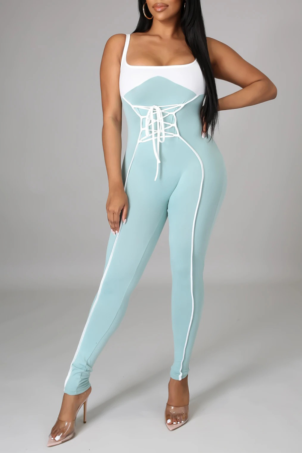 Blue Sexy Solid Draw String Spaghetti Strap Skinny Jumpsuits