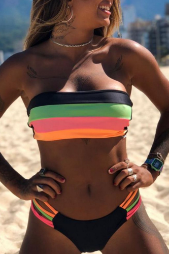 Orange Sexy Striped Hollowed Out Patchwork Swimwears