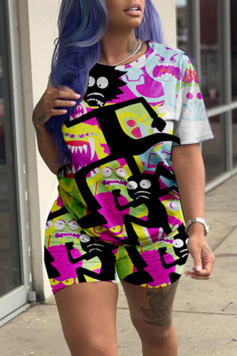 Purple Fashion Casual Printed Short Sleeve Shorts Set