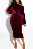 Dark Green Fashion Sexy Solid backless One word collar Step Skirt Dresses
