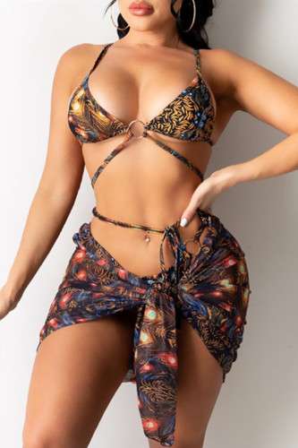 Yellow Fashion Sexy Print Backless Strap Design Swimwears Three-piece Set