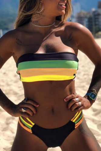 Yellow Sexy Striped Hollowed Out Patchwork Swimwears
