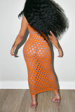 Orange Sexy Solid Hollowed Out See-through U Neck Vest Dress Dresses
