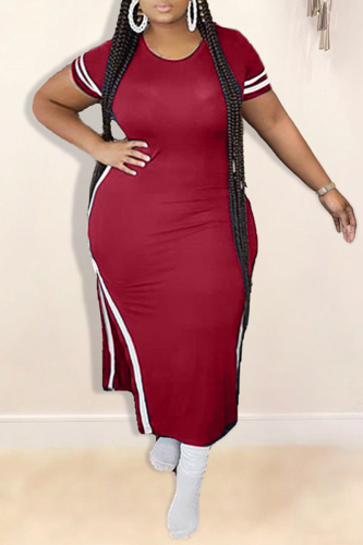 Red Fashion Casual O Neck Patchwork Plus Size