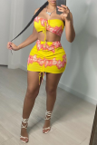Yellow Sexy Print Bandage Patchwork Strapless Sleeveless Two Pieces