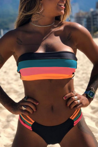 Pink Sexy Striped Hollowed Out Patchwork Swimwears