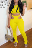 Yellow Sexy Casual Solid Hollowed Out O Neck Short Sleeve Two Pieces