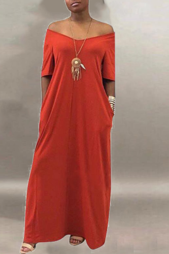 Brick red Fashion Casual Cap Sleeve Short Sleeves V Neck Straight Floor-Length Solid