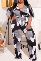 Black And White Fashion Casual Print Basic V Neck Plus Size Jumpsuits