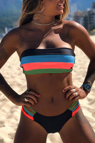 Army Green Sexy Striped Hollowed Out Patchwork Swimwears