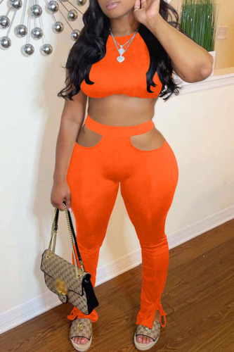 Orange Sexy Casual Solid Hollowed Out O Neck Short Sleeve Two Pieces