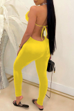 Yellow Fashion Sexy Solid Backless Strap Design Halter Skinny Jumpsuits