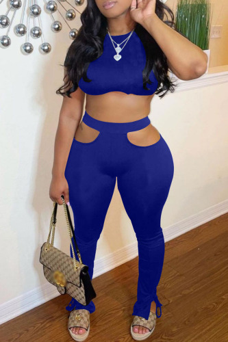 Blue Sexy Casual Solid Hollowed Out O Neck Short Sleeve Two Pieces