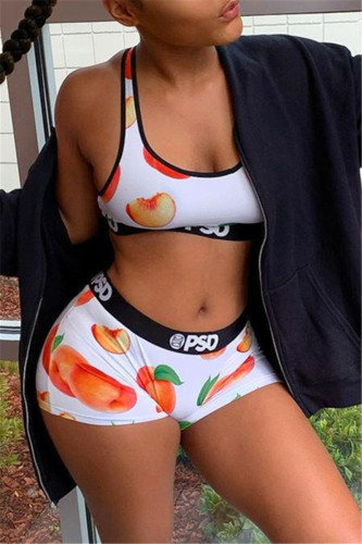 White Red Casual Sportswear Print Basic U Neck Sleeveless Two Pieces