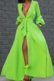 Green Sexy Temperament Trumpet Sleeves Wrinkled Dress