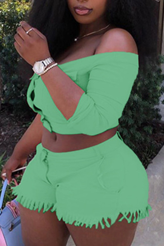 Green Fashion Casual Solid Basic Off the Shoulder Plus Size Two Pieces