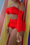 Red Sexy Solid Patchwork Off the Shoulder Long Sleeve Two Pieces