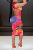 Red Sexy Patchwork Hollowed Out Tie-dye Half A Turtleneck Pencil Skirt Dresses
