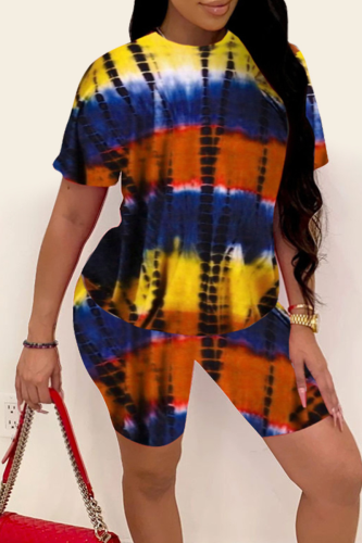 Yellow Casual Print Patchwork O Neck Short Sleeve Two Pieces