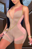 Pink Fashion Sexy Color Lump Zipper V Neck Skinny Rompers