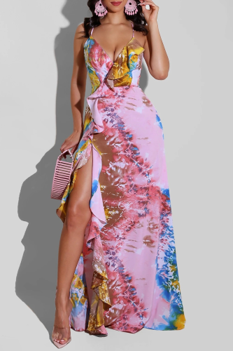 Pink Sexy Print Flounce Spaghetti Strap Cake Skirt Dresses