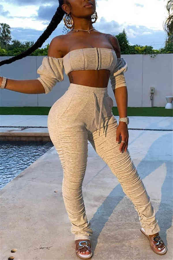 Grey Sexy Fashion Strapless Tops Trousers Set